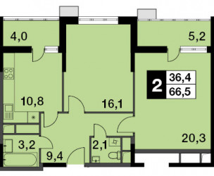 Двухкомнатная квартира 66.5 м²
