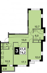 Трёхкомнатная квартира 74.2 м²