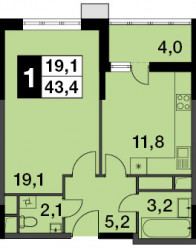Однокомнатная квартира 43.4 м²