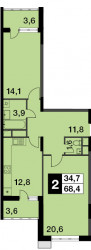 Двухкомнатная квартира 68.4 м²
