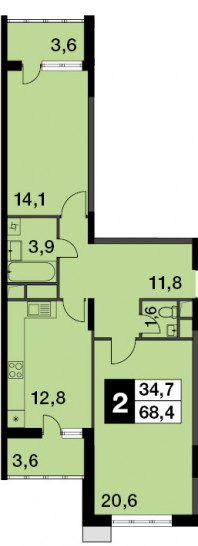 Двухкомнатная квартира 68.4 м²