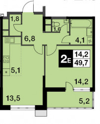 Двухкомнатная квартира (Евро) 49.7 м²