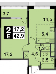 Двухкомнатная квартира (Евро) 42.9 м²