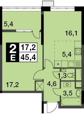 Двухкомнатная квартира (Евро) 45.4 м²